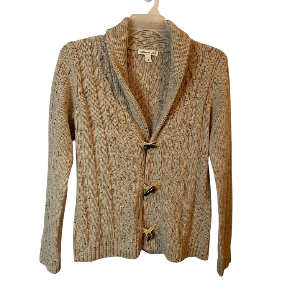 Coldwater Creek Womens Beige Tweed Wool Blend Cable Knit Toggle Cardigan Small